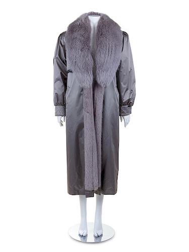 Silver Sateen and Sable and Fox  Fur Lined Trench Coat, 1990's-2000's 
