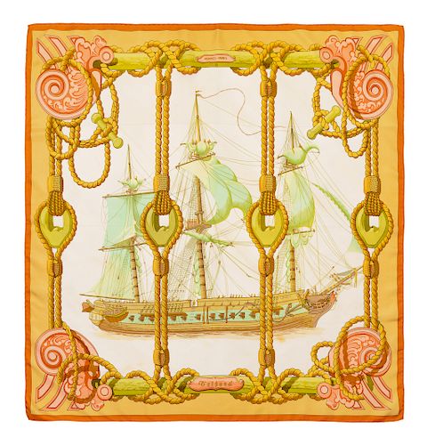 Hermes scarf, pink, green, and yellow with orange border. 