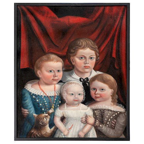 Folk Art Portrait of Four Children and a Cat