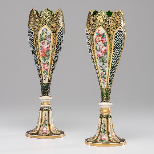 Bohemian Gilt and Green Glass Vases with Overlay 