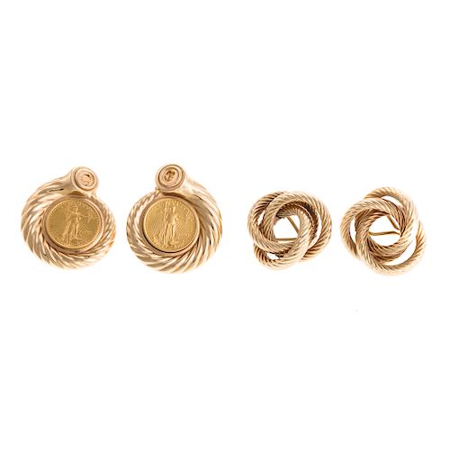 Two Pairs of Ladies 14K Yellow Gold Earrings
