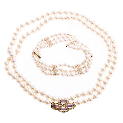 A Pearl & Diamond Bracelet & Strand of Pearls