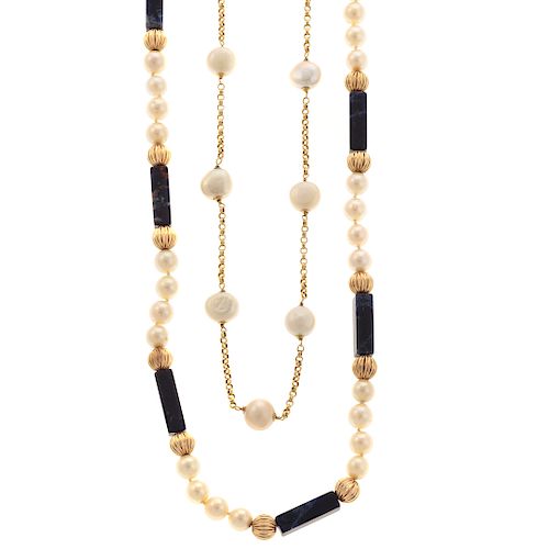 Two Ladies Necklaces Featuring Pearls in 18K & 14K