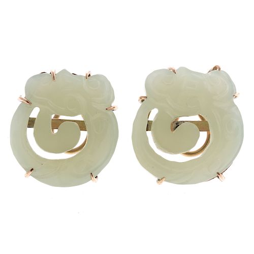A Ladies Pair of Jade Dragon Earrings in 14K