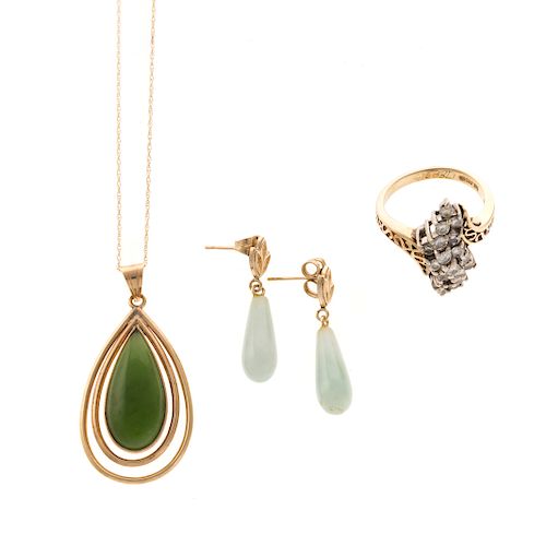 A Diamond Ring, Jade Earrings & Pendant in 14K