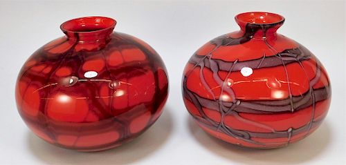 2PC Kralik Red Net Bohemian Art Glass Vases