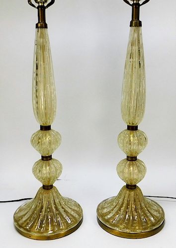 Pair Attr. Barovier and Toso Gold Aventurine Lamps