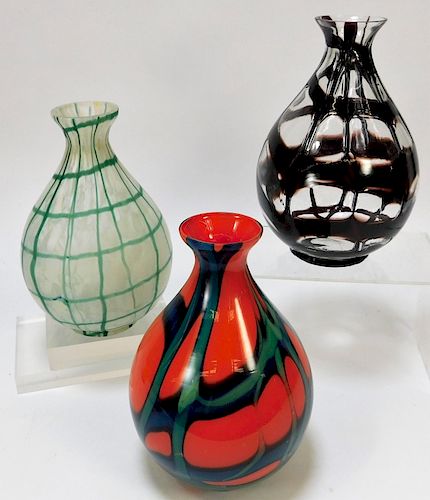 3PC Kralik Netted Bohemian Art Glass Vases