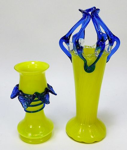 2PC Kralik Vivid Yellow Bohemian Art Glass Vases