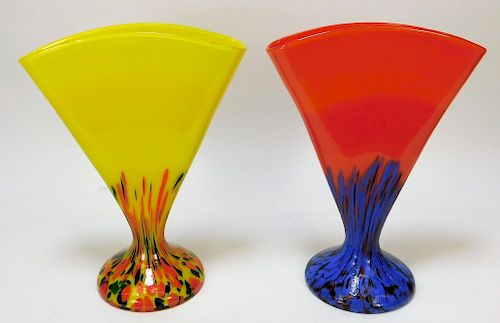 2PC Kralik Fan Bohemian Art Glass Vases