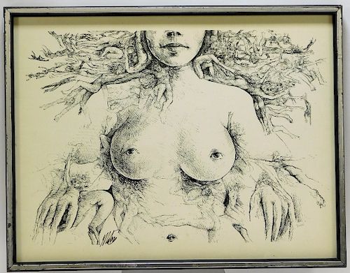 Modern Surrealist Etching of Nude Female Torso