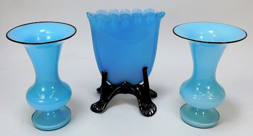 3PC Assorted Blue Bohemian Art Glass Vases