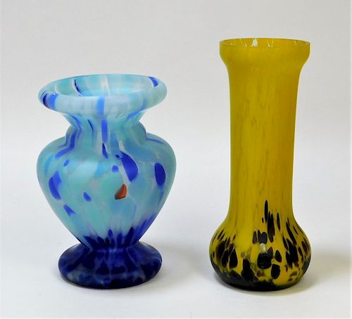 2PC Kralik Matte Splatter Bohemian Art Glass Vases