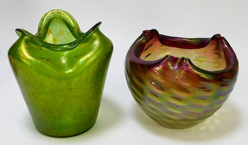 2PC Attr.Loetz Iridescent Bohemian Art Glass Vases