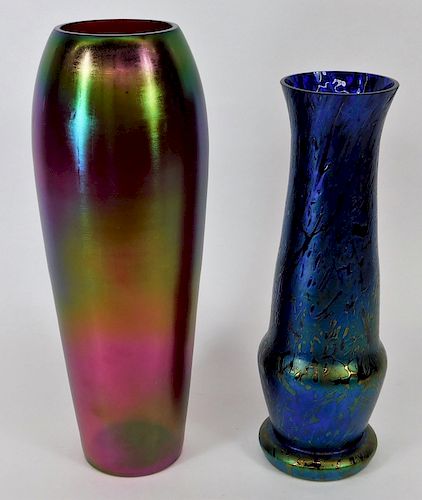 2PC Kralik Oil Spill Bohemian Art Glass Vases