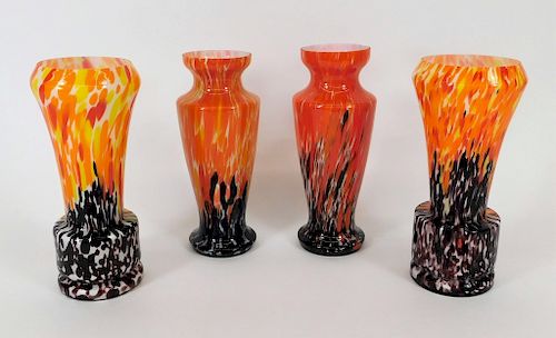 2PR Ruckl Welz Orange Spatter Bohemian Glass Vases