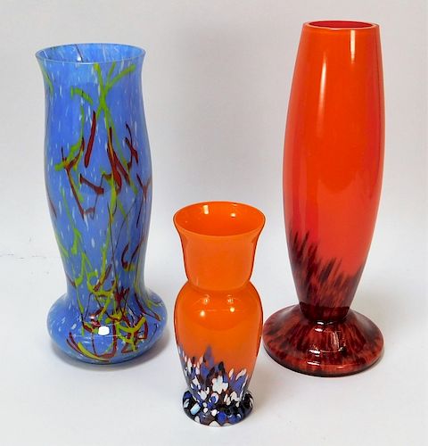 3PC Ruckl Kralik Spatter Bohemian Art glass Vases