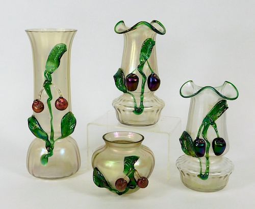 4PC Kralik Applied Fruits Bohemian Art Glass Vases