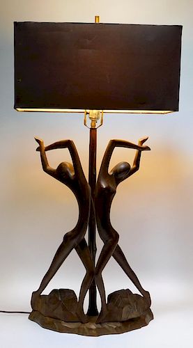 Modern High Style Carved Wood Lamp of Nude Dancers