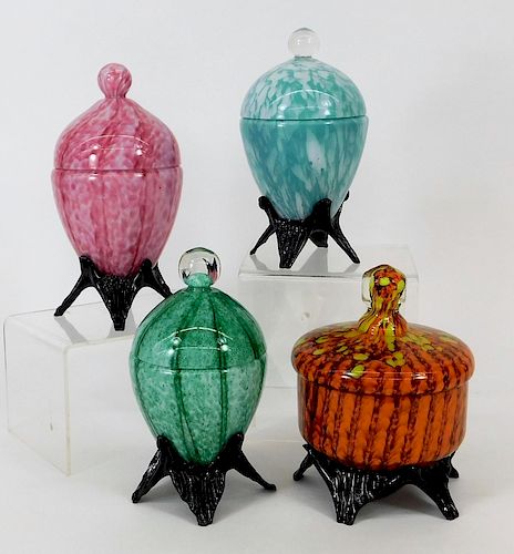 4PC Welz Bohemian Striped Art Glass Covered Jars