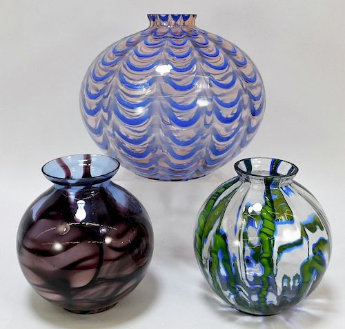 3PC Kralik Globular Bohemian Art Glass Vases