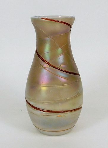 Rindskopf Red Veined Iridescent Art Glass Vase
