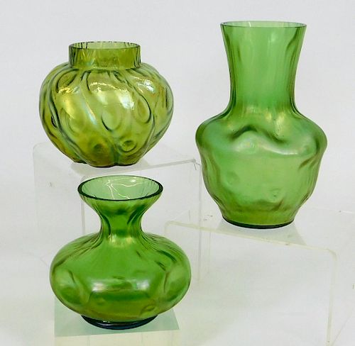 3 Rindskopf Czech Iridescent Art Glass Vase Group