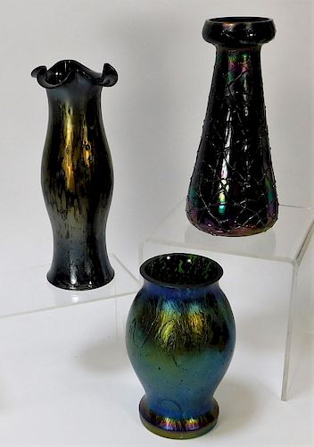 3PC Kralik Iridescent Bohemian Art Glass Vases
