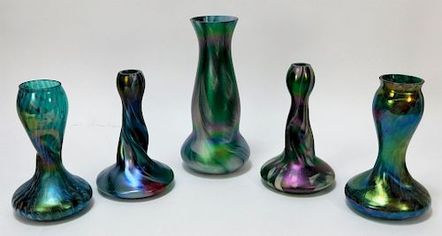 5PC Rindskopf Pulled Feather Bohemian Art Glass