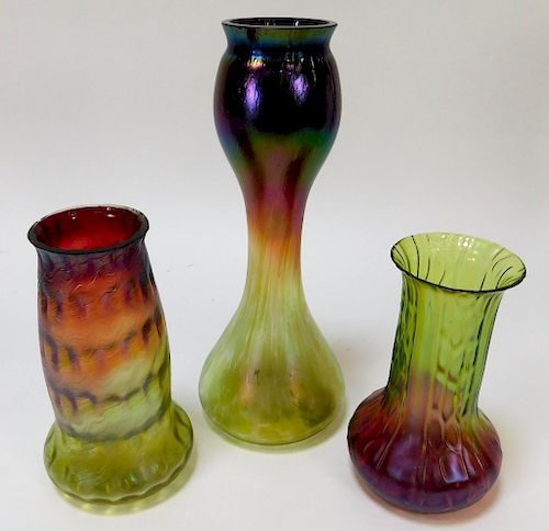 3PC Rindskopf Iridized Bohemian Art Glass Vases