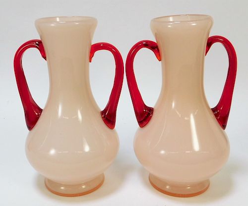 PR Kralik White and Red Bohemian Art Glass Vases