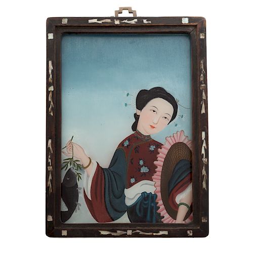 Chinese Reverse Painted Glass Picture of Maiden