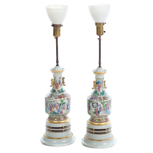 Pair Chinese Export Rose Mandarin Vase Lamps
