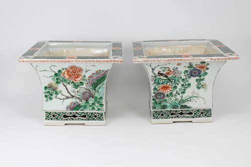 Pair Chinese Famille Verte Porcelain Jardinieres