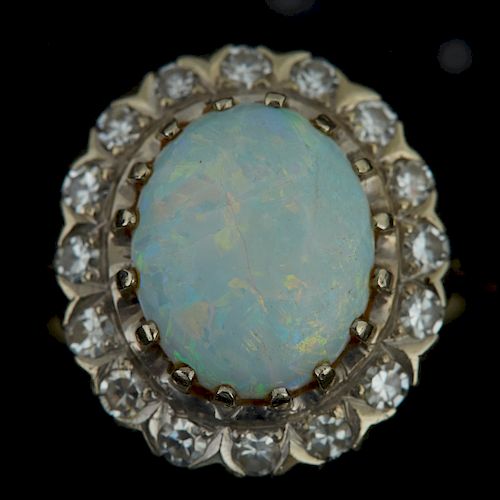 Opal and Diamond Ring 14 K White Gold