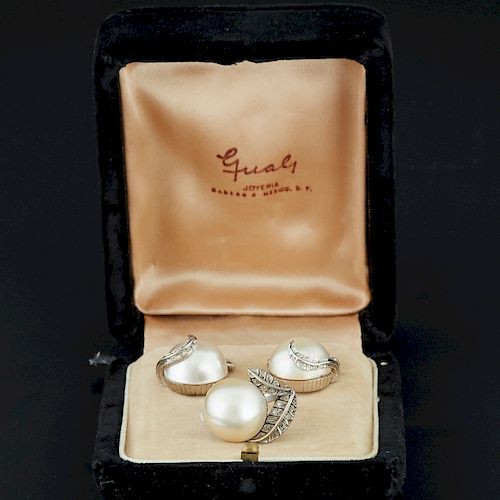 Set Pearl and Diamond Ring and Earrings