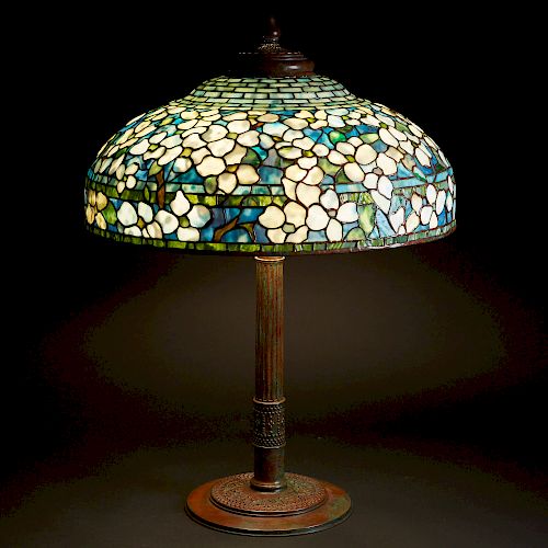 Tiffany Studios Leaded Glass and Bronze Dogwood 2 Table Lamp
