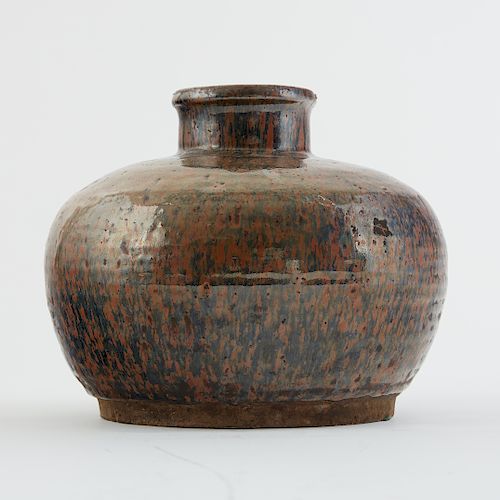 Japanese Ceramic Low Vase w/ Hare's Fur Glaze