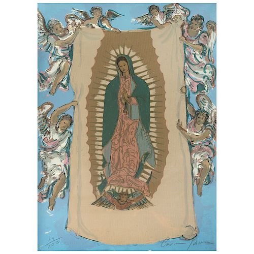 CARMEN PARRA, Lienzo de la Virgen de Guadalupe sostenido por ángeles, 2012. 