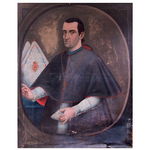 Anónimo. Retrato de obispo agustino.  Siglo XIX. Óleo sobre tela. Con escrito: "A.S.D Victoria López Gonzales de la Puebla".