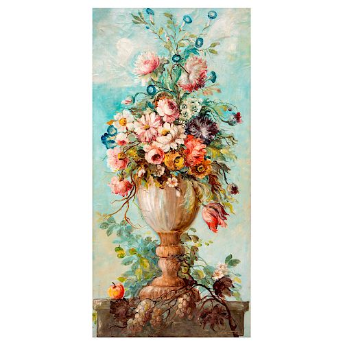 Firma no identificada. Bouquet con jarrón de alabastro. Óleo sobre tela. Enmarcado en madera tallada dorada. 117 x 57 cm