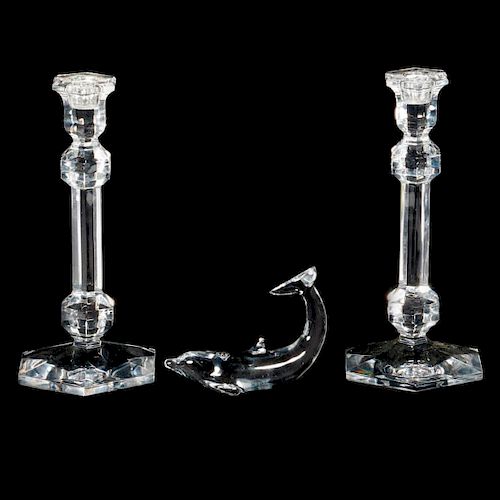 VAL ST. LAMBERT GLASS CANDLESTICKS AND BACCARAT WHALE