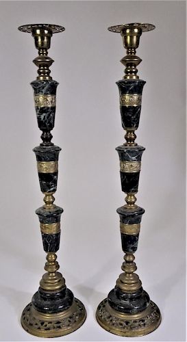 Pair of Large Marble & Brass Candlesticks