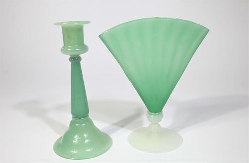 (2) Green Satin Opeline Glass Pieces