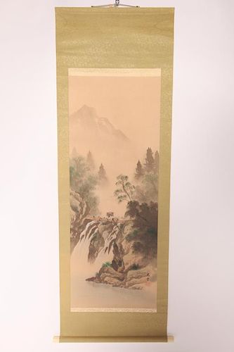 Signed Chinese Scroll of Mountain waterfall