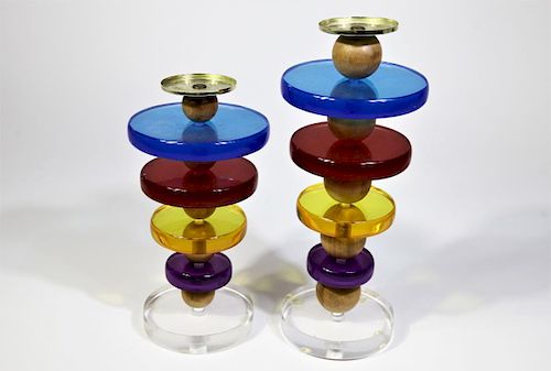 Pair of Multi-Colored Lucite & Wooden Candlesticks