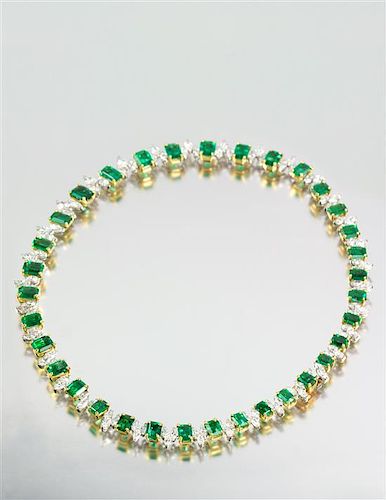 A Fine Platinum, Yellow Gold, Emerald and Diamond Necklace, Oscar Heyman Brothers, 36.80 dwts.