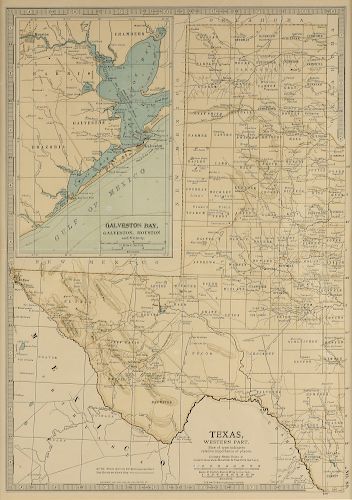 AN ANTIQUE MAP, "Texas, Western Part, with Views of Galveston Bay," NEW YORK, CIRCA 1902,