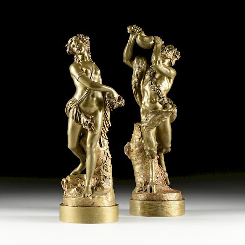 after MICHEL CLAUDE CLODION (French 1738-1814) A PAIR OF SCULPTURES, "Faune Buvant" AND "Vendangeuse," BELLE EPOQUE (1871-1914),