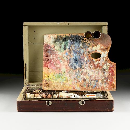 attributed to GEORGE BELLOWS (American 1882-1925) A PLEIN AIR ARTIST'S HAND PALETTE AND TRAVELING ART SUPPLY OAK BOX, FIRST HALF 20TH CENTURY,